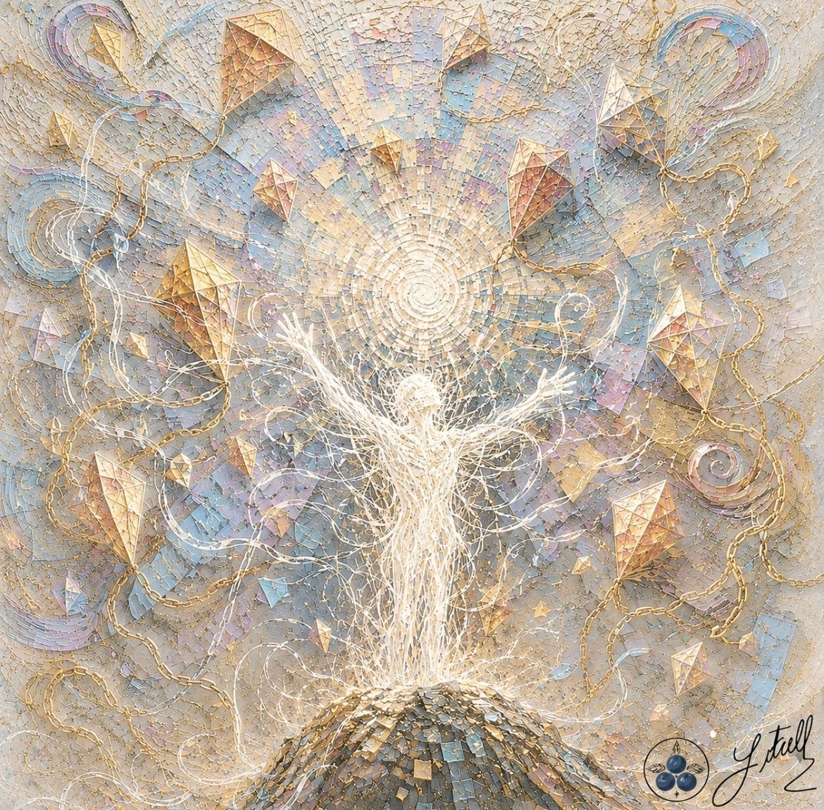 Abstract painting of a white figure with raised arms on a rocky peak, surrounded by swirling pastel shapes.