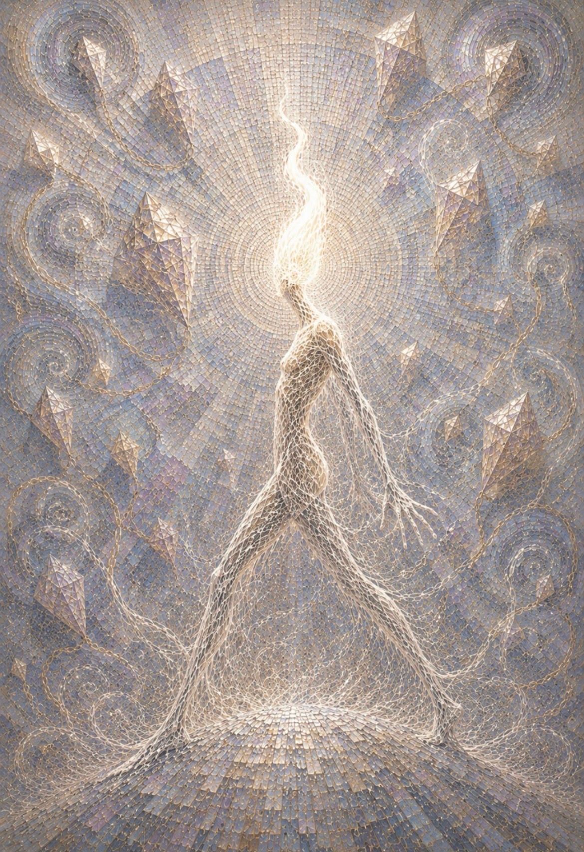 Glowing figure in a flowing dress surrounded by swirling golden, blue, and silver abstract light.