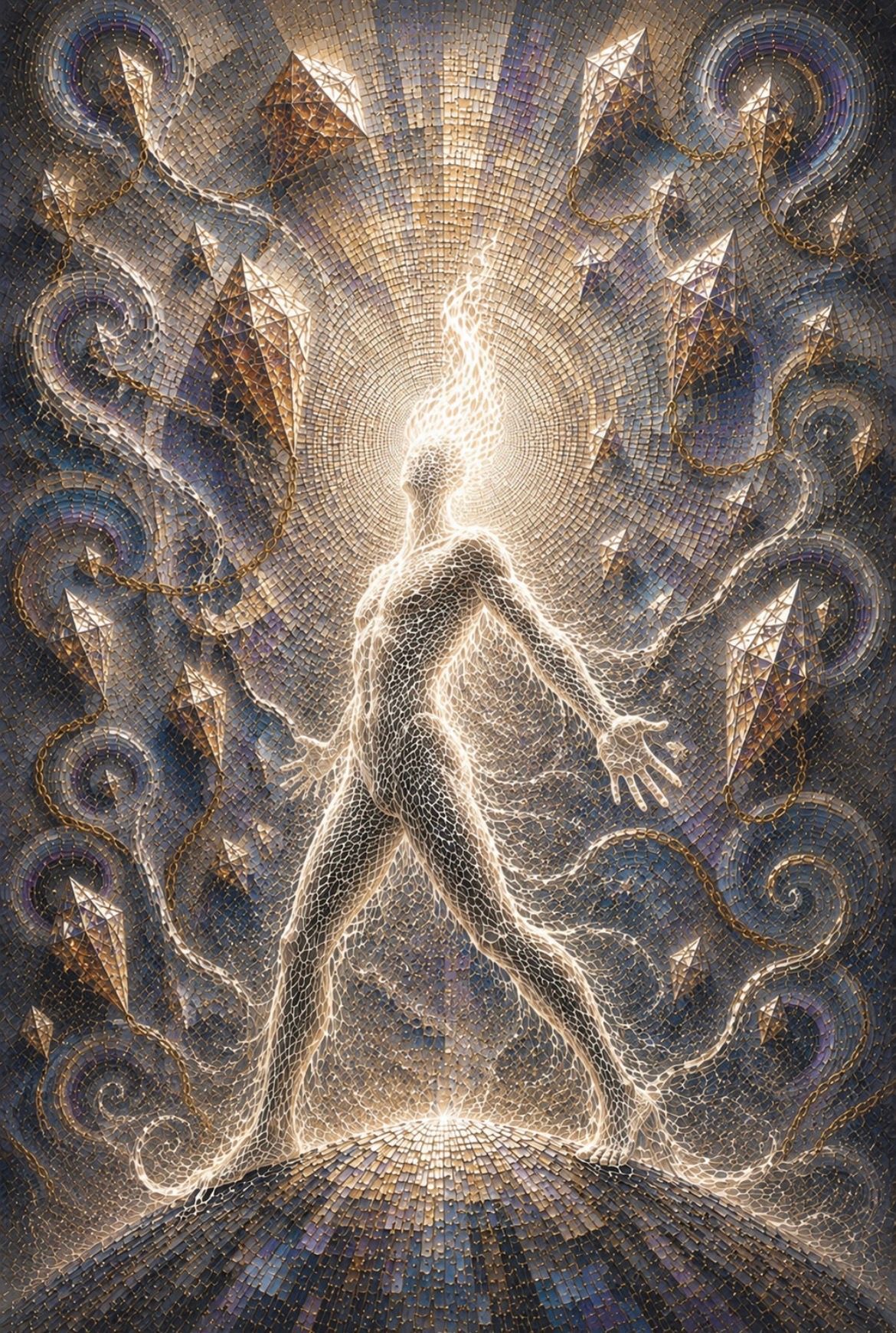 Glowing abstract figure with swirling golden-white energy on a dark background