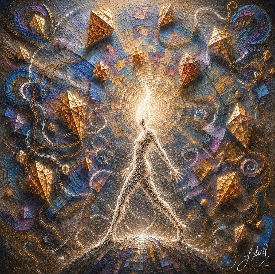 Abstract cosmic scene with a glowing figure meditating amid swirling blue and gold energy