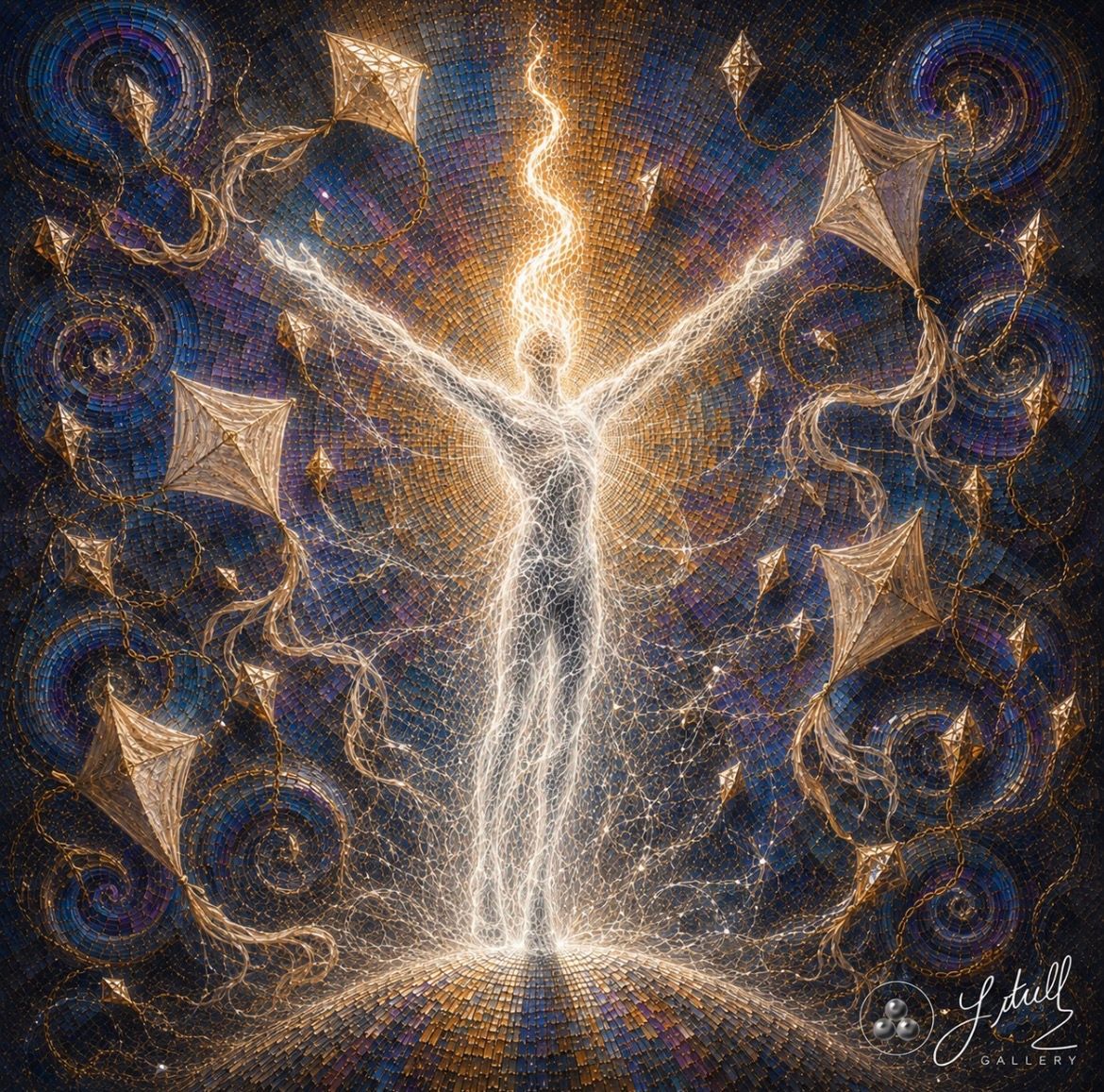 Glowing white figure with arms raised amid blue and gold swirling light patterns