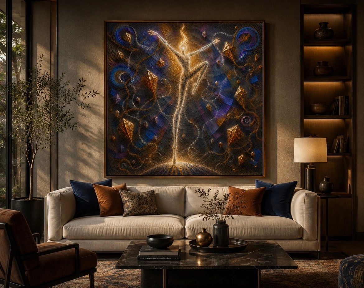 Elegant living room with beige sofa, warm lighting, and large abstract gold-and-blue wall art