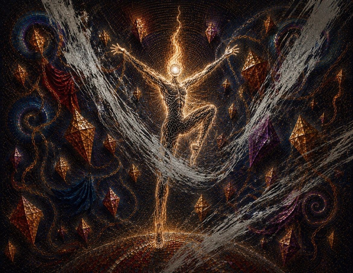 Abstract dark painting of a glowing central figure with outstretched arms, surrounded by swirling light and shadow