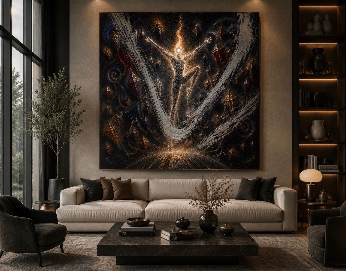 Elegant living room with a beige sofa, dark chairs, and a large abstract painting on a stone wall.