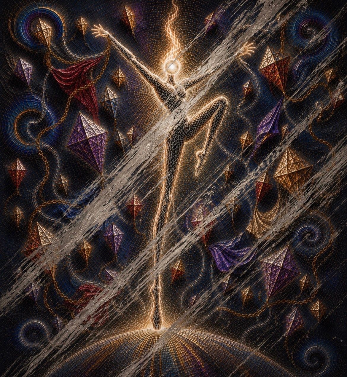 Glowing abstract figure amid swirling diagonal light streaks and dark blue-purple background