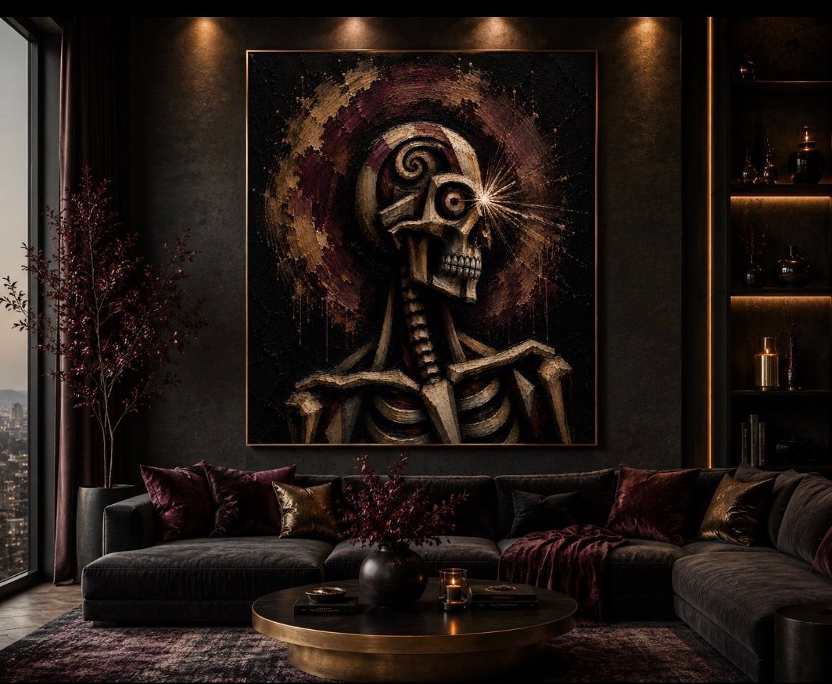 Dark gothic living room with a large skull artwork, black sofa, and moody warm lighting.