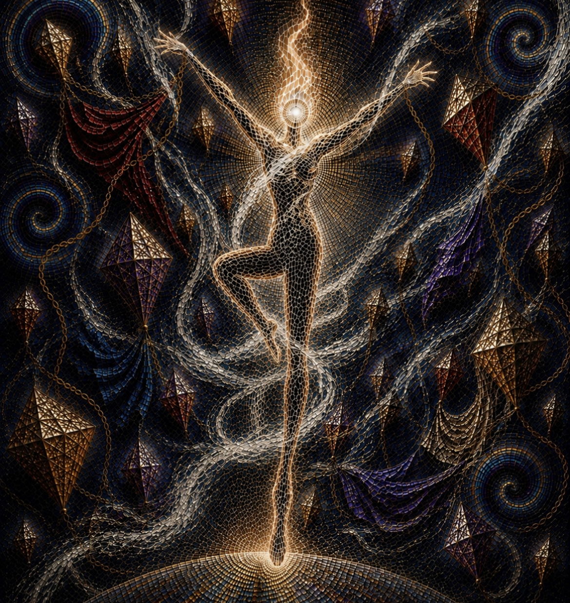 Abstract glowing figure with outstretched arms amid swirling gold, blue, and purple patterns