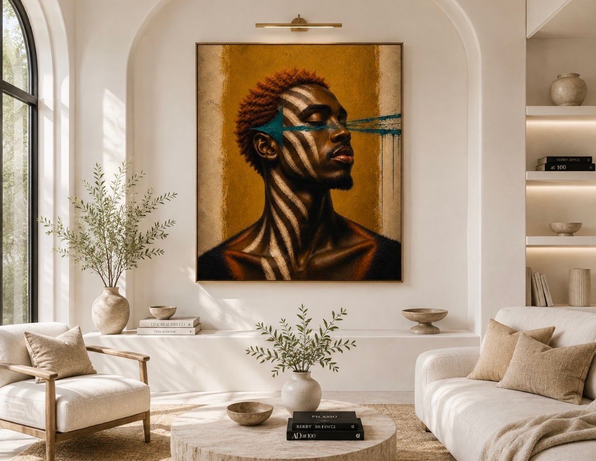 Stylish beige living room with a large abstract portrait on the wall and soft natural light.