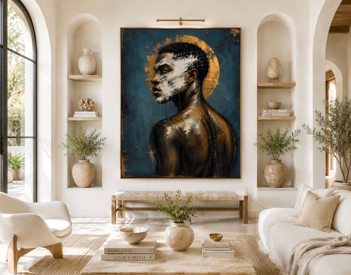 Elegant living room with a large abstract portrait, arched niches, and warm neutral decor