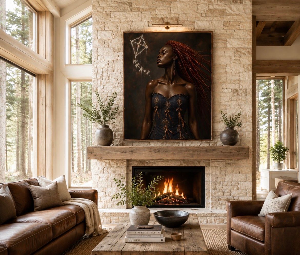 Cozy stone living room with fireplace, tall windows, and a portrait above the mantel