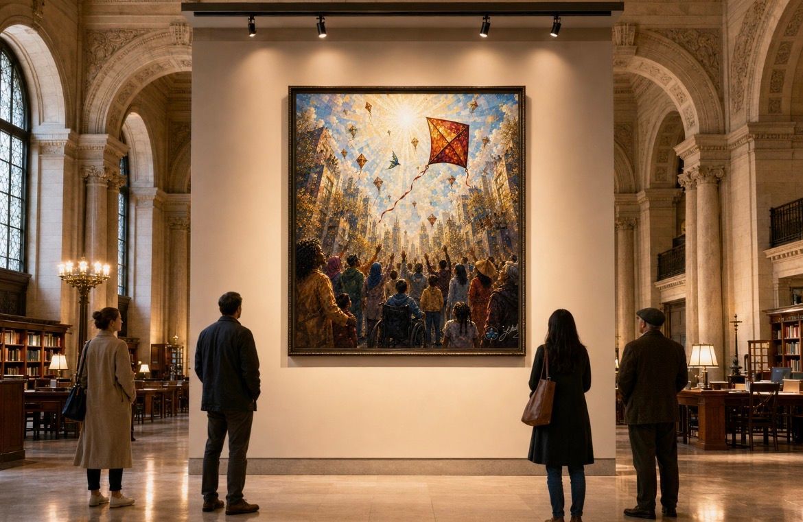 Visitors in a museum hall viewing a large colorful abstract painting on display