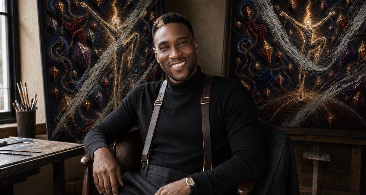 Smiling man seated indoors at a desk, wearing dark clothing with suspenders, against an abstract art wall.