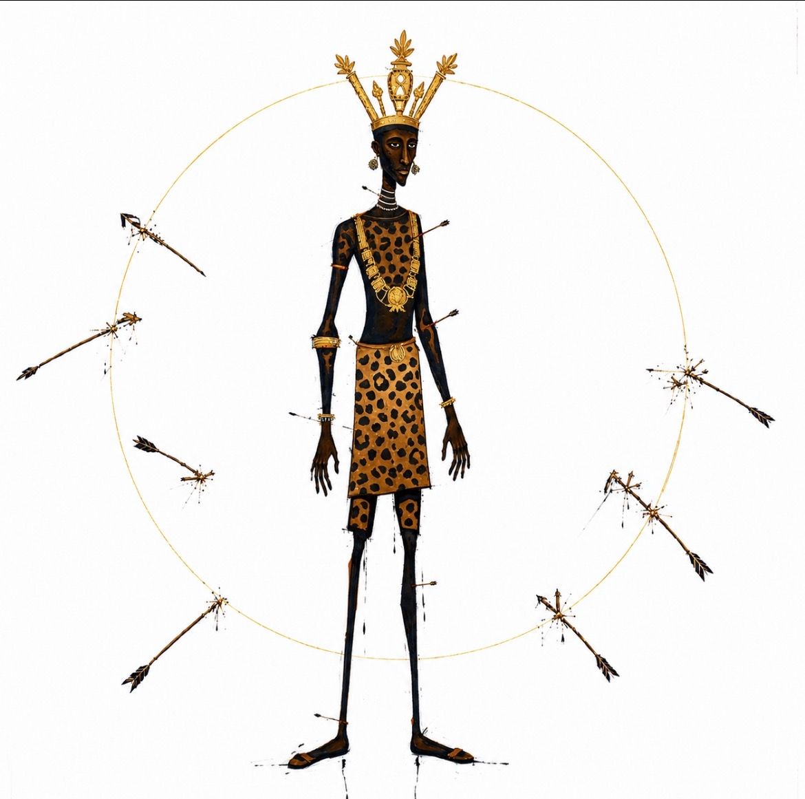 Stylized standing figure in black and gold with a circular halo of small insects or arrows around them