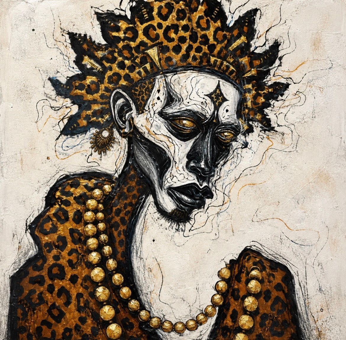 Abstract portrait of a somber figure with gold beaded collar and spiky crown on a textured beige background