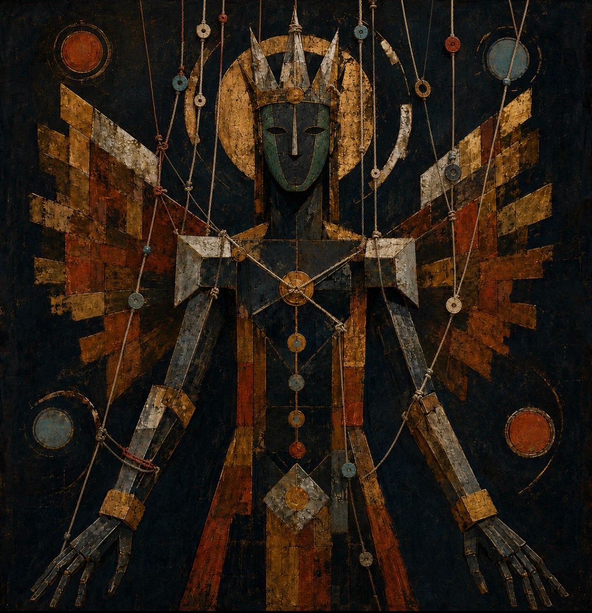 Abstract figure with a crown, dark geometric robe, and orange wing-like shapes on a textured black background