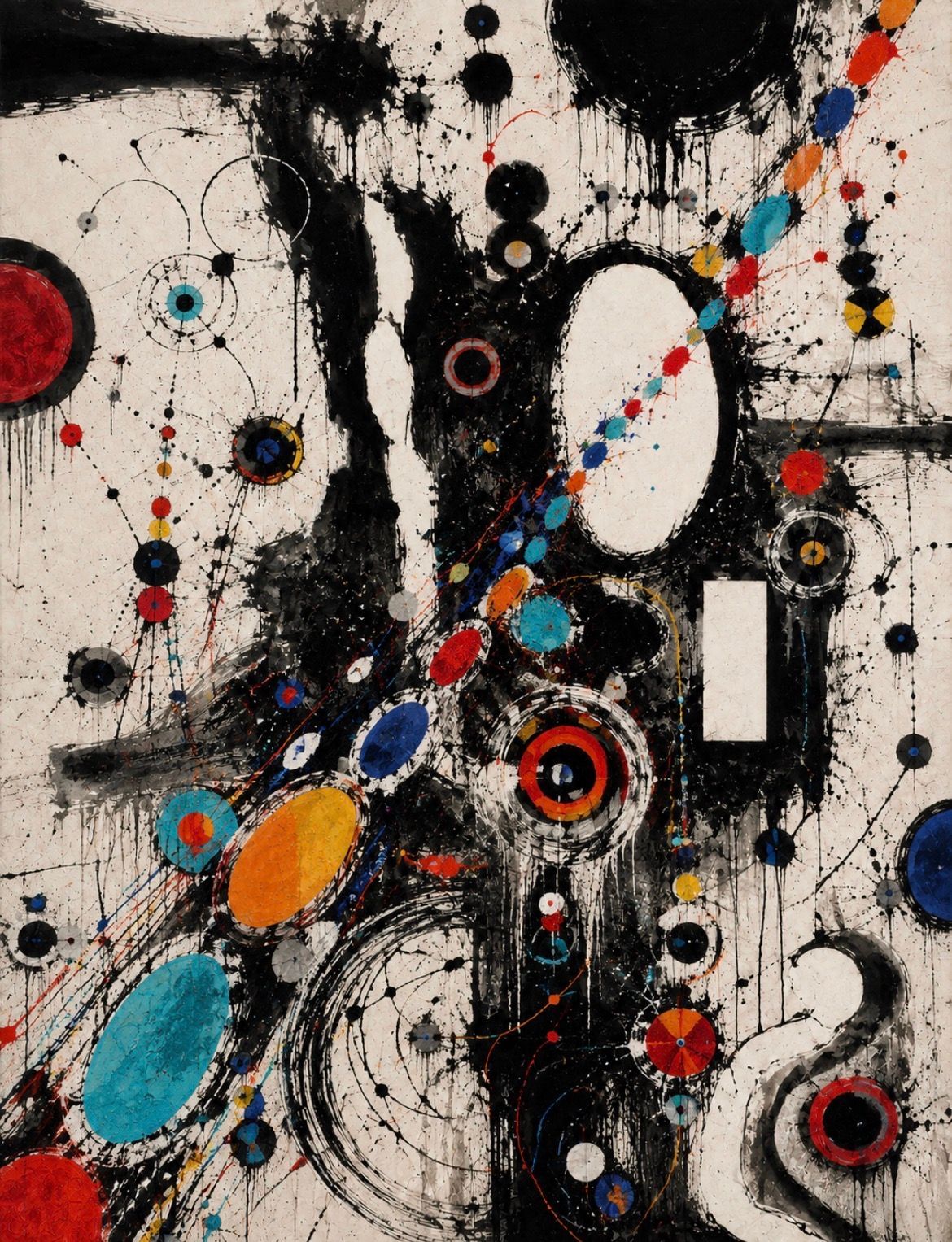 Abstract black-and-white painting with colorful circular splashes and drips on a textured canvas