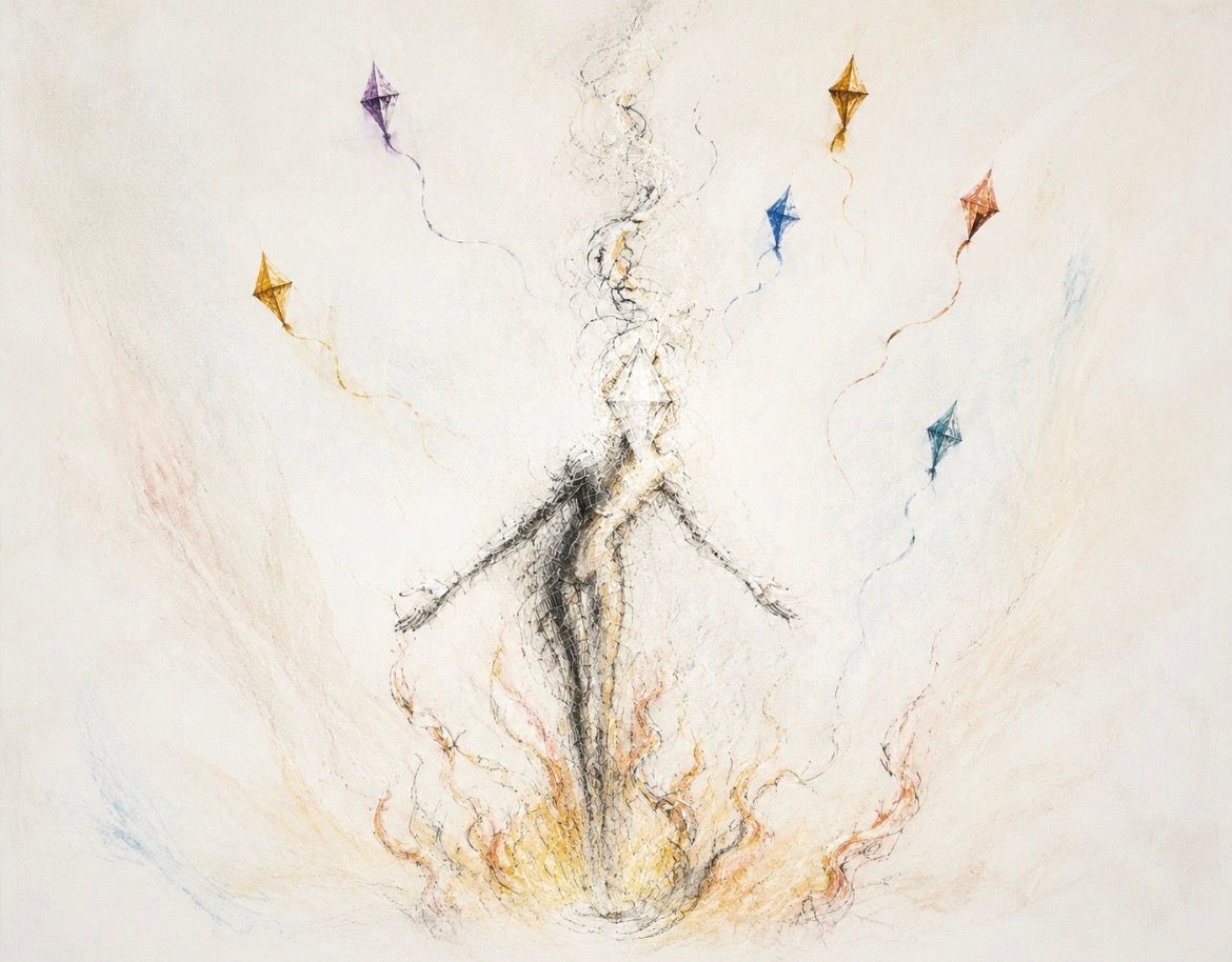 Abstract figure rising with colorful sparks and swirling light on a pale background