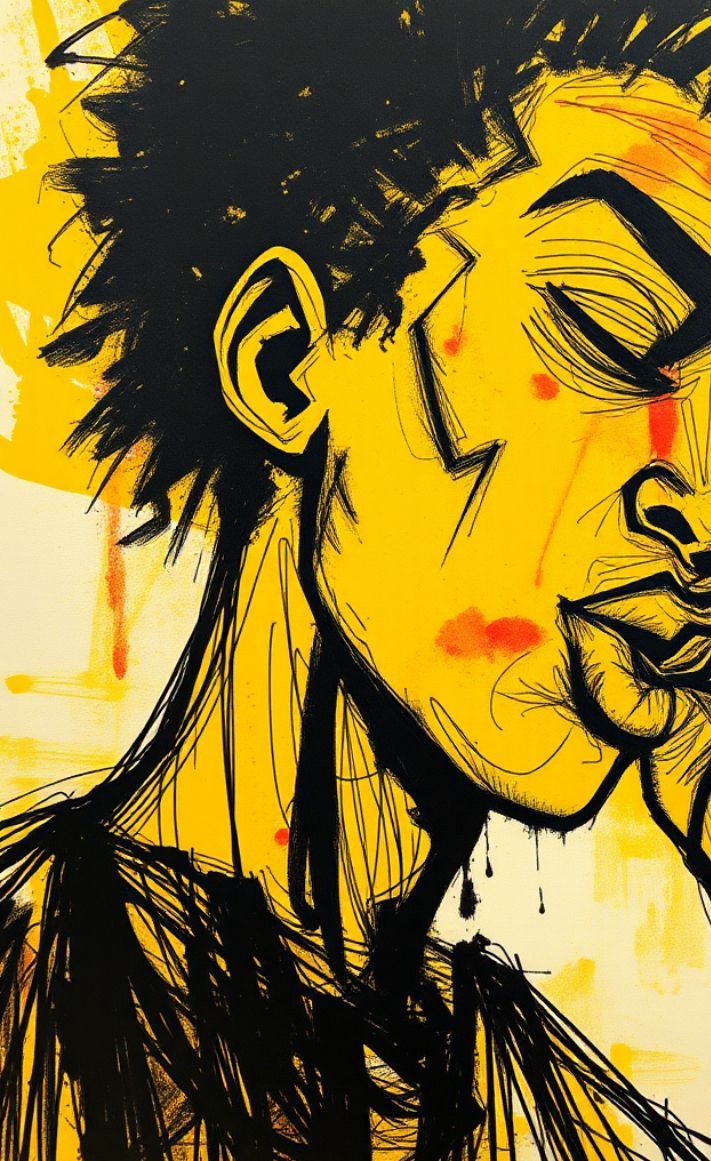 Stylized black-and-yellow portrait of a person with closed eyes and red lips, in bold brushstrokes