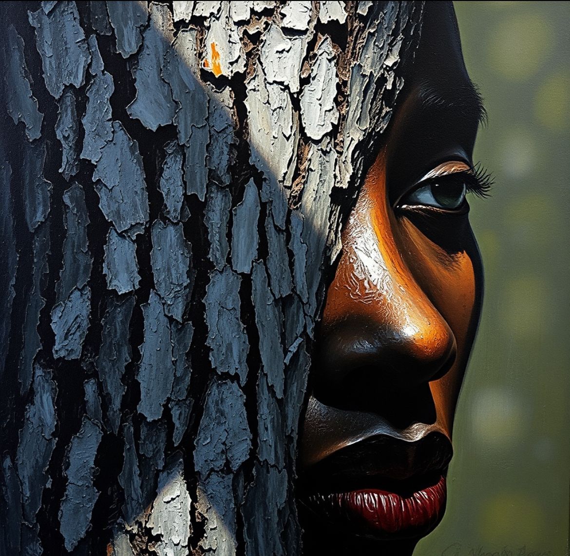 Close-up of a face partly hidden behind textured tree bark, lit warmly against a blurred dark background