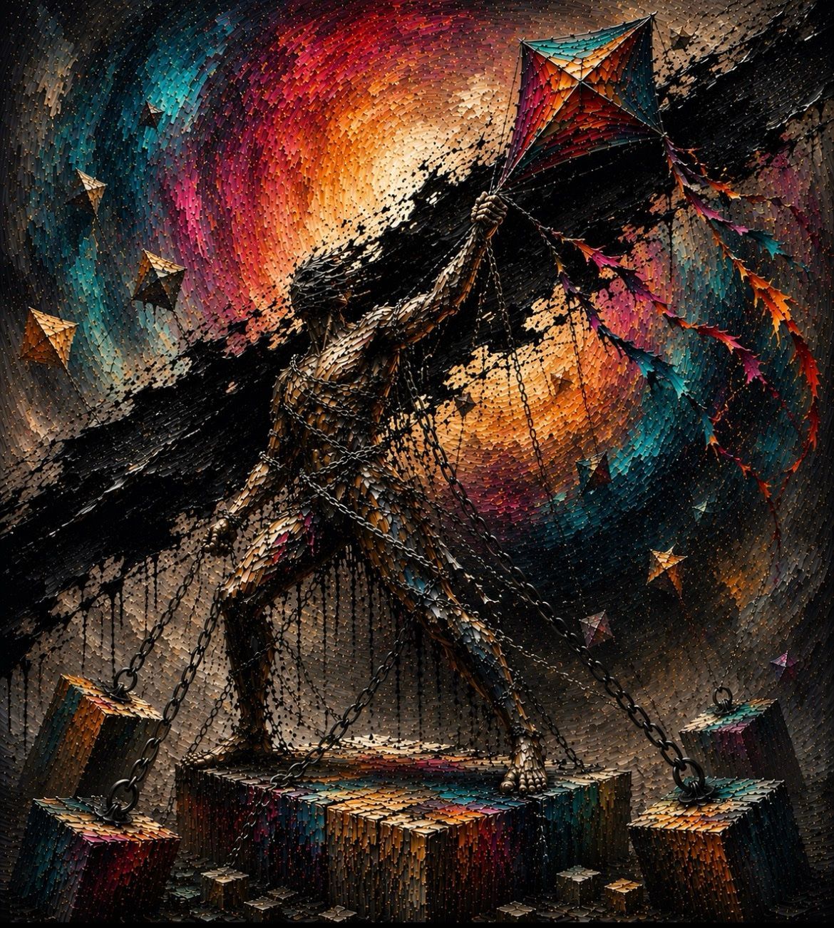 Abstract painting of a person flying a kite over rocky terrain with vivid orange, teal, and black swirls