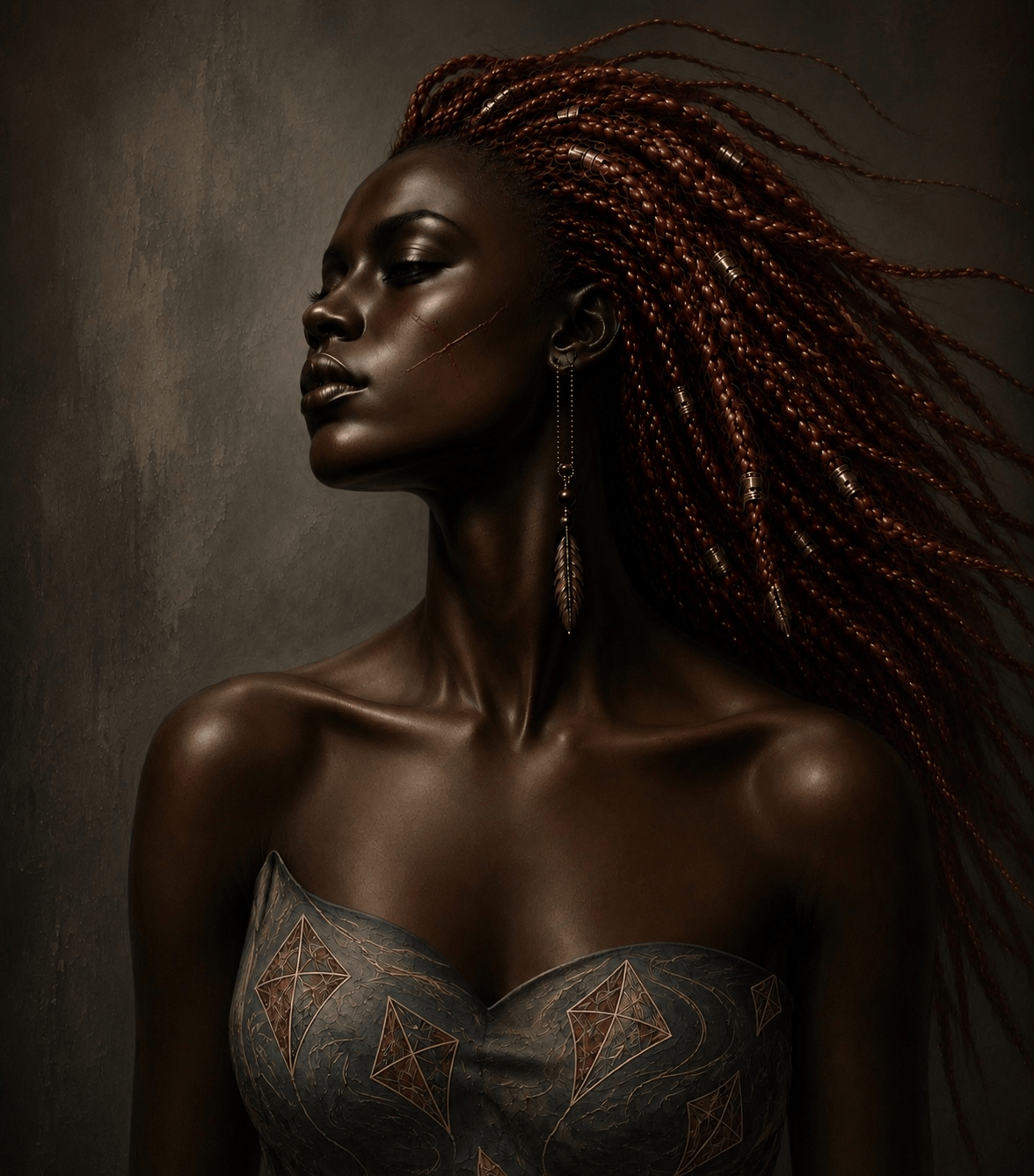 Portrait of a woman in profile with braided hair, wearing a strapless patterned top against a dark background