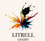 LITRELL GALLERY logo with colorful paint splash in black, blue, orange, yellow, and red on white background