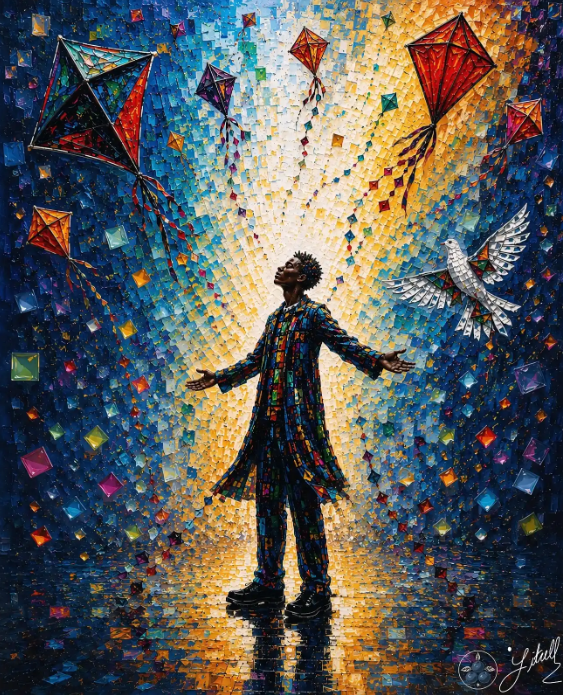Person silhouetted with outstretched arms under colorful kites and a flying dove in a glowing abstract sky
