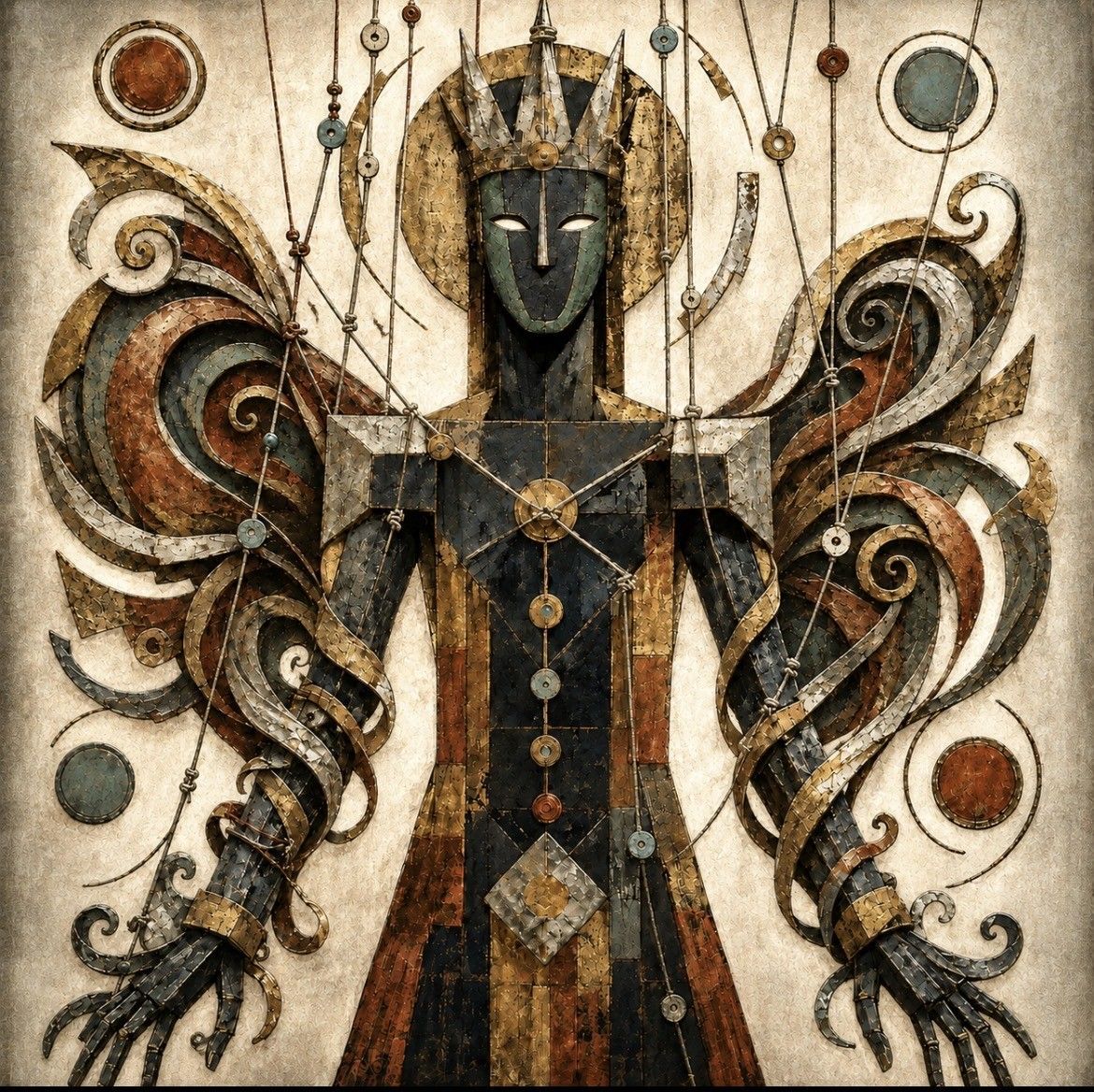 Stylized dark figure with ornate swirling wings and crown, in sepia and black tones, centered on patterned background