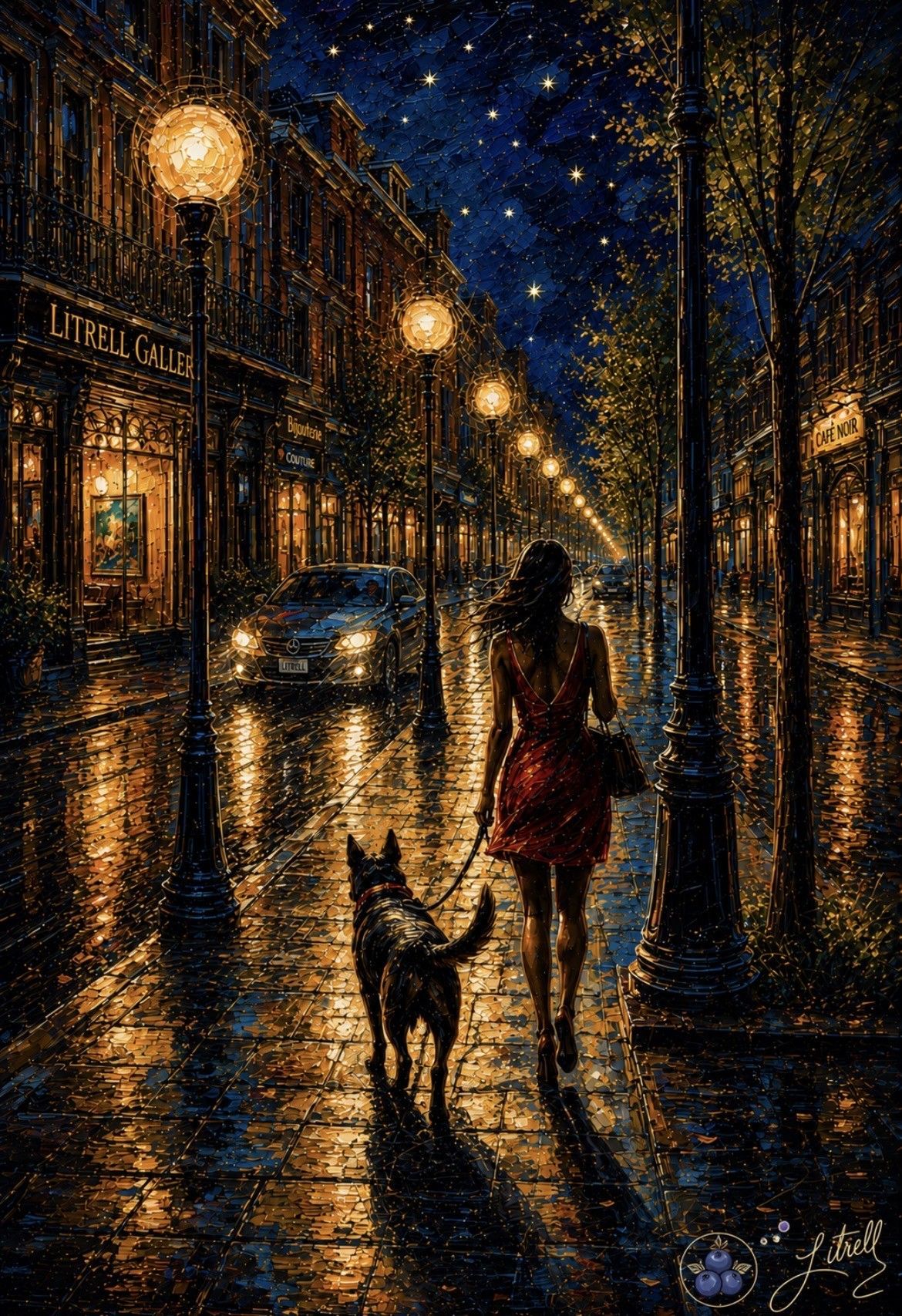 Woman and dog walking down a wet, lamplit city street at night