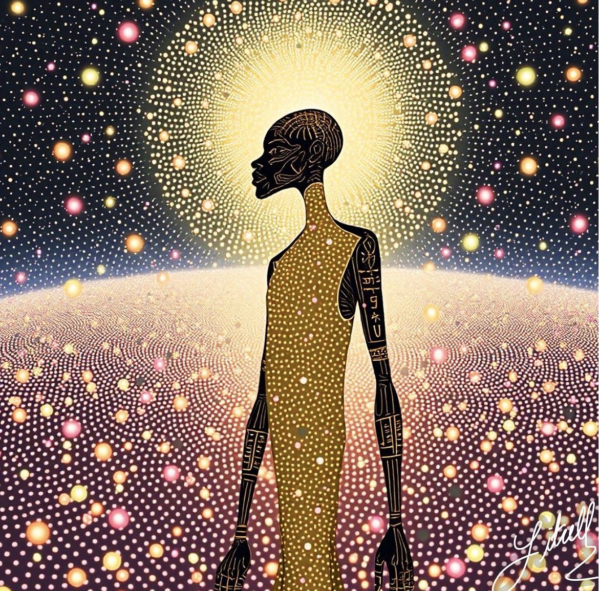 Silhouetted figure under a glowing halo in a starry, cosmic landscape with sparkling lights