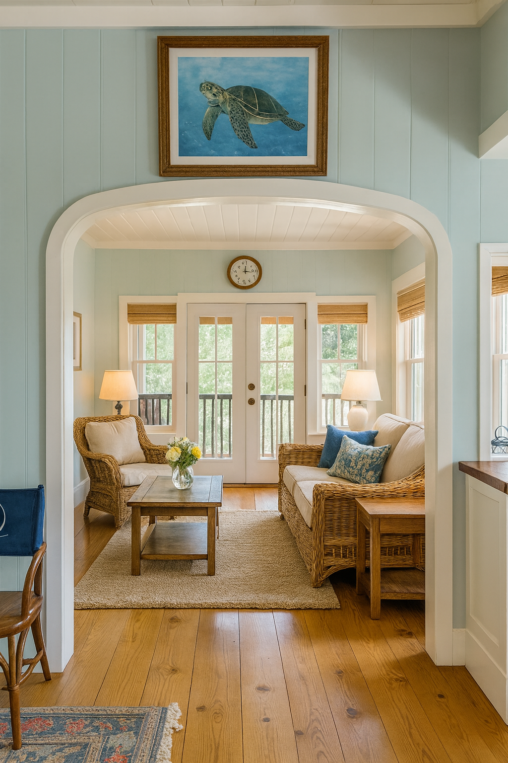 Coastal living room with archway, wicker furniture, and sea turtle art; light blue walls, wooden floors.