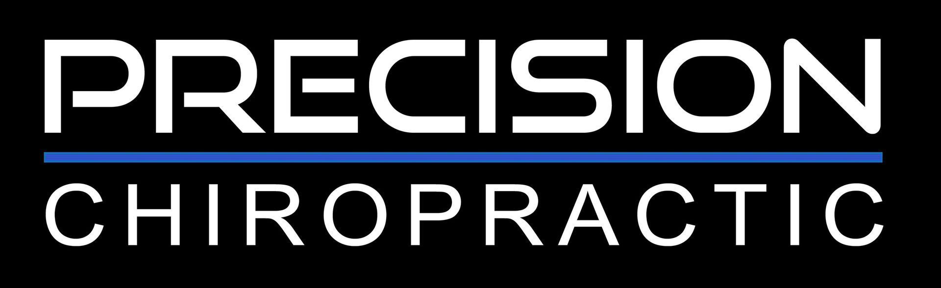 Precision Chiropractic logo in white text on a black background with a blue horizontal line