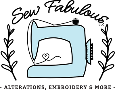 Sew Fabulee LLC logo with blue sewing machine, black script text, and “Alterations, Embroidery & More” tagline
