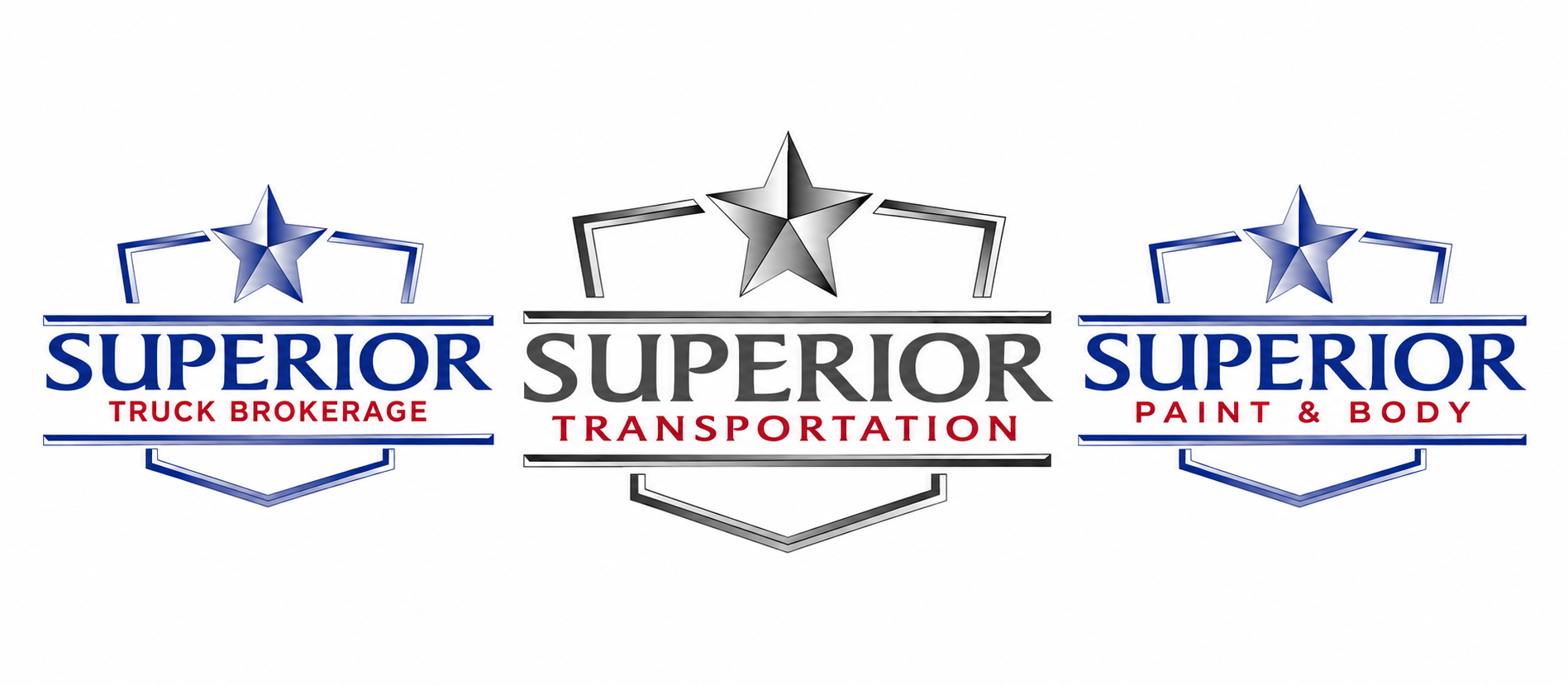 Three SUPERIOR logos for Truck Body Repair, Transportation, and Paint & Body with star icons