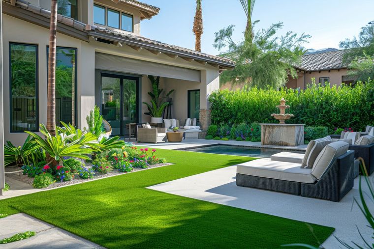 Modern backyard patio with outdoor sofa, lawn, and tropical landscaping beside a house