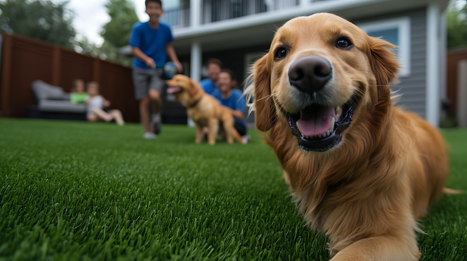 Dog running on a lawn with a smiling golden retriever in the foreground and people blurred in the backyard.