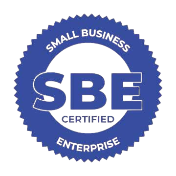 Blue circular “Small Business Enterprise Certified” badge with large white SBE letters.