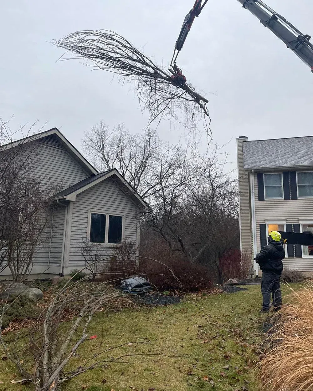 A man is standing in front of a house while a crane is cutting a tree.