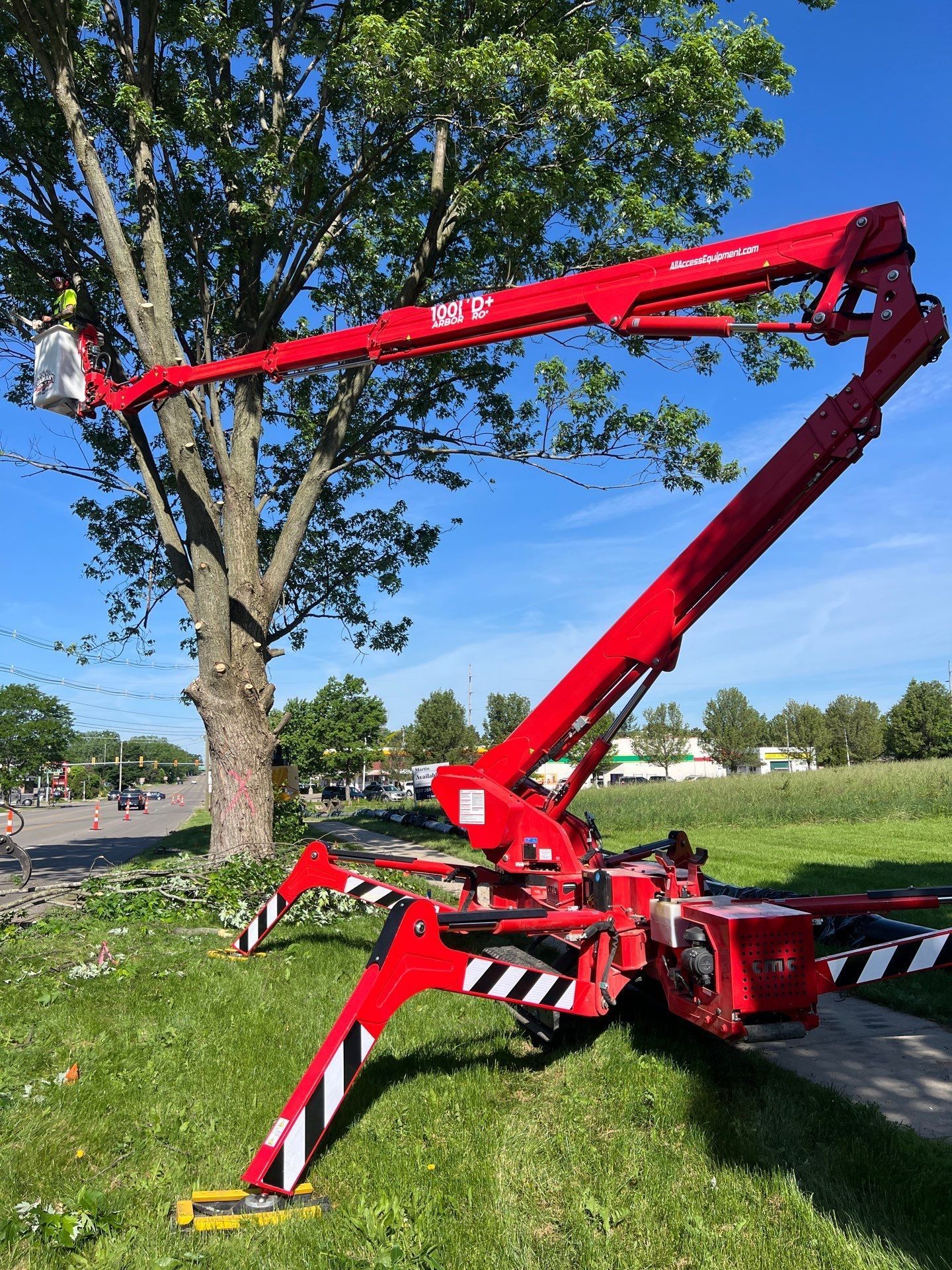 Red aerial lift truck extended beside a large tree in a sunny parking lot.