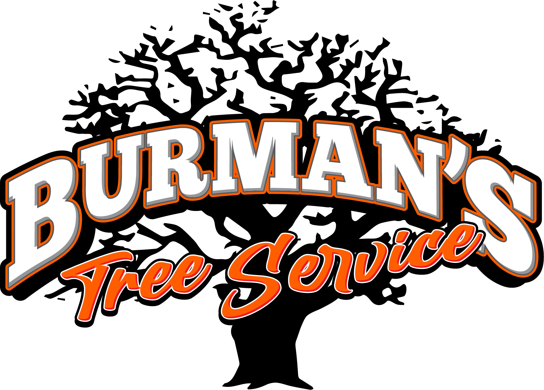 Burrman&rsquo;s Tree Service logo with a black tree silhouette and orange-and-white lettering