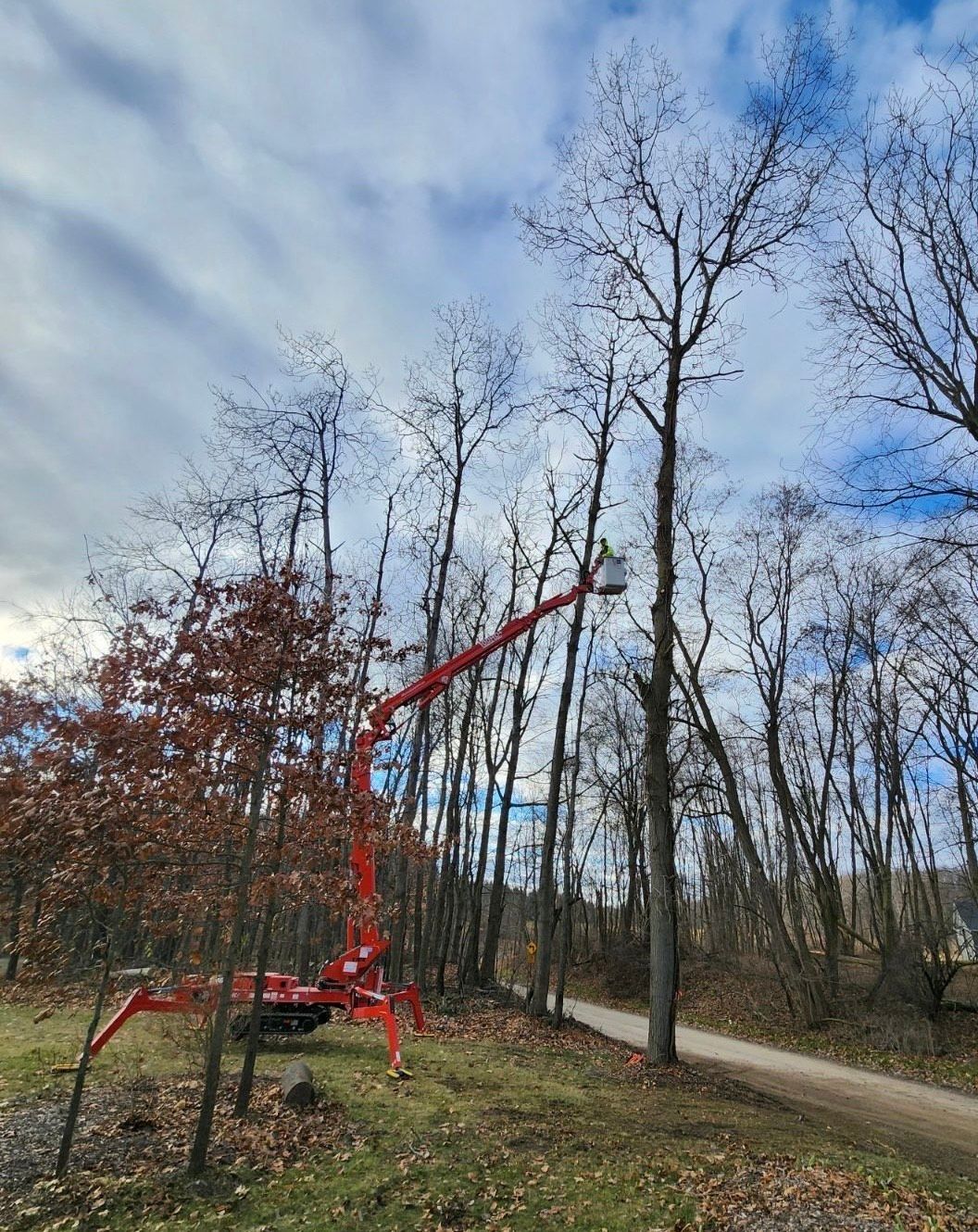 Red boom lift beside a dirt road in a wooded area under a cloudy sky.