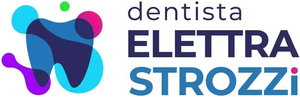 Logo per la dentista Eletra Strozz, con un dente stilizzato in blu, verde acqua, rosa e viola