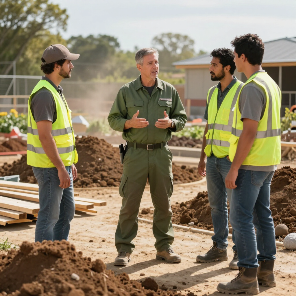 Construction crew in safety vests listening to a supervisor at a worksite, with dirt piles and equipment.