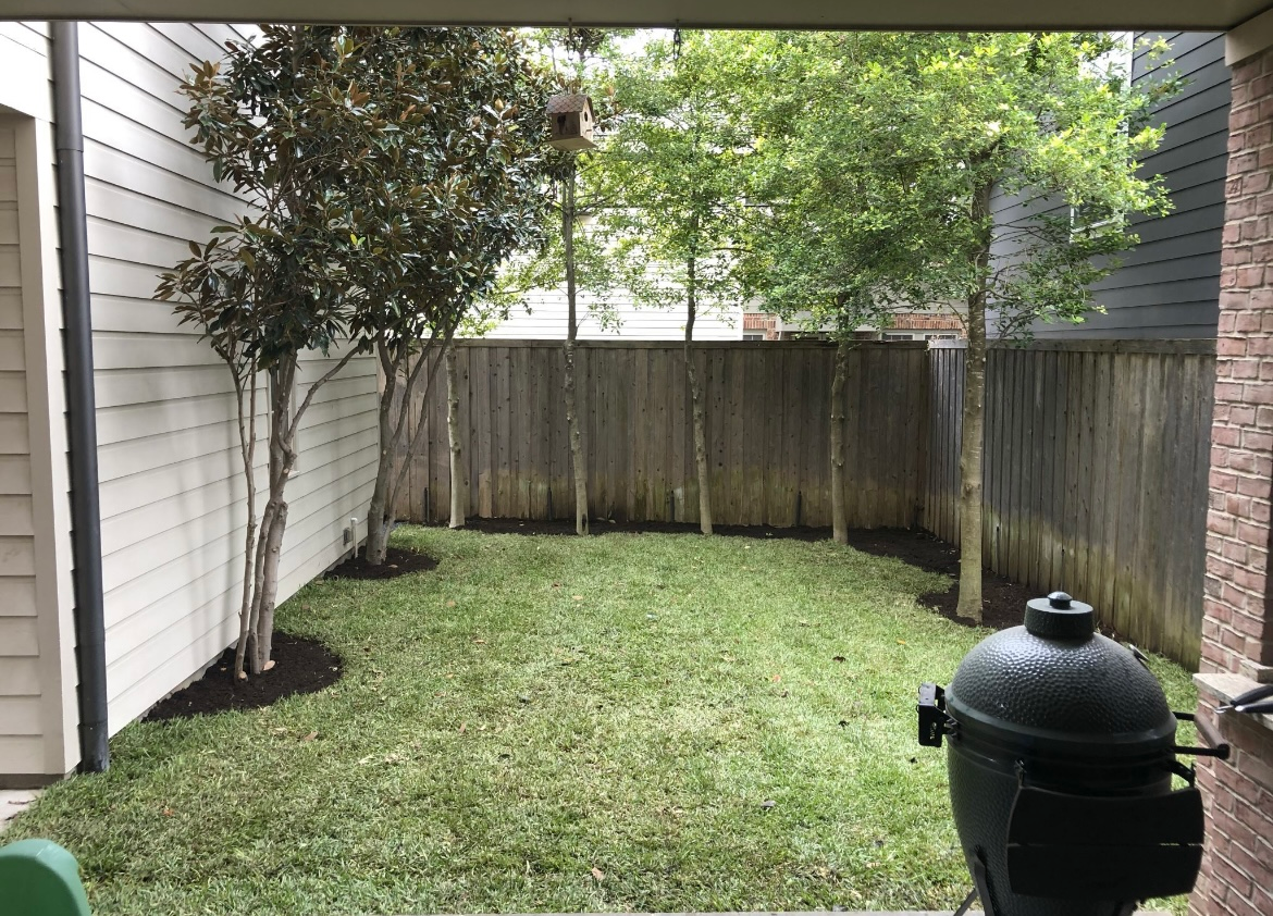 Small fenced backyard with grass, trees, and a black grill under a covered patio.