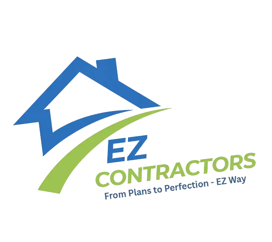 EZ Contractors logo with blue house roof, green swoosh, and slogan “From Plans to Perfection - EZ Way”