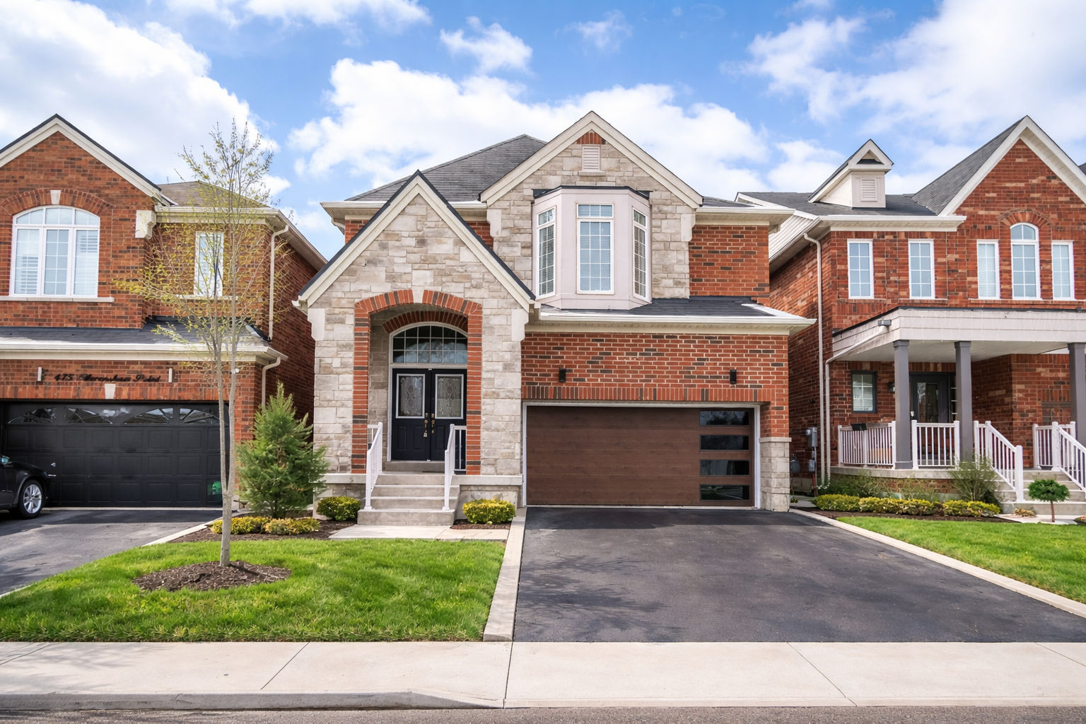 Row of suburban brick houses with garages, front lawns, and driveways on a sunny day
