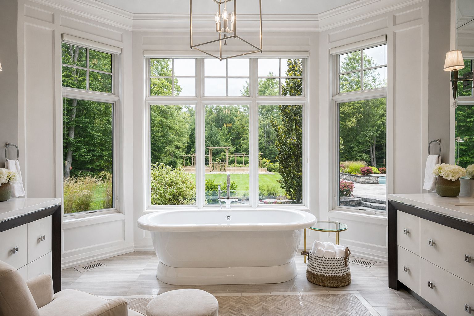 Bright bathroom with a freestanding tub, large bay windows, and a garden view