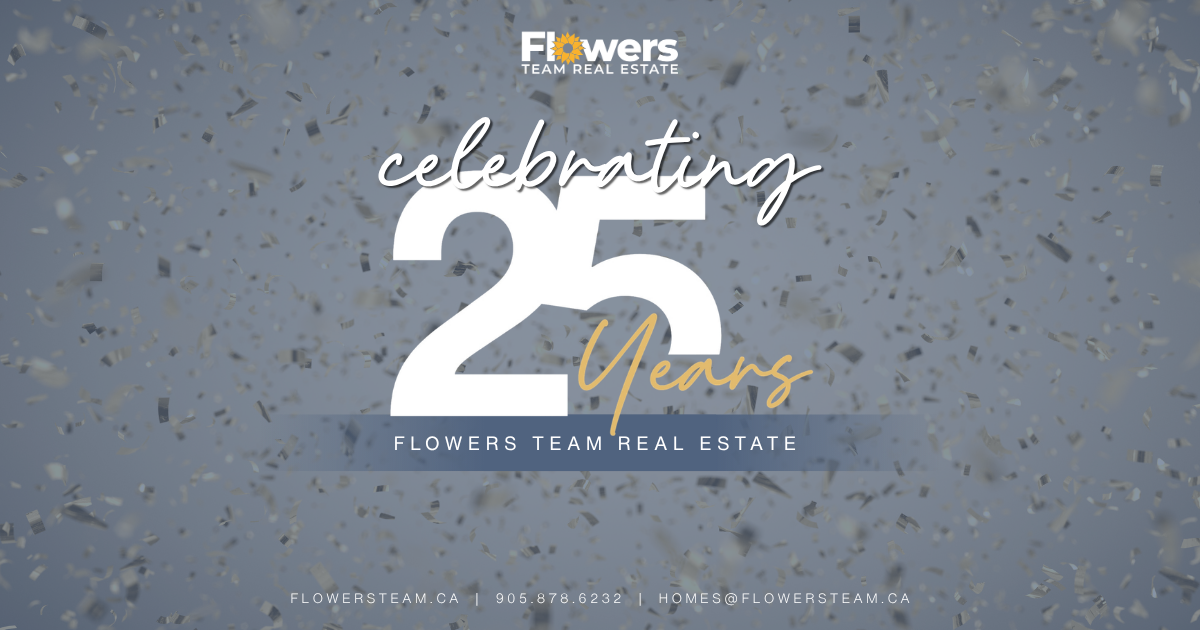 Flowers logo celebrating 20 years with confetti on a gray background