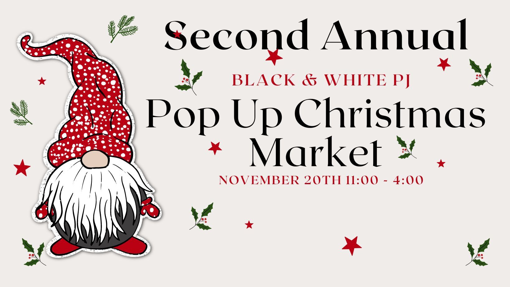 A poster for a pop up christmas market with a gnome in a red hat.