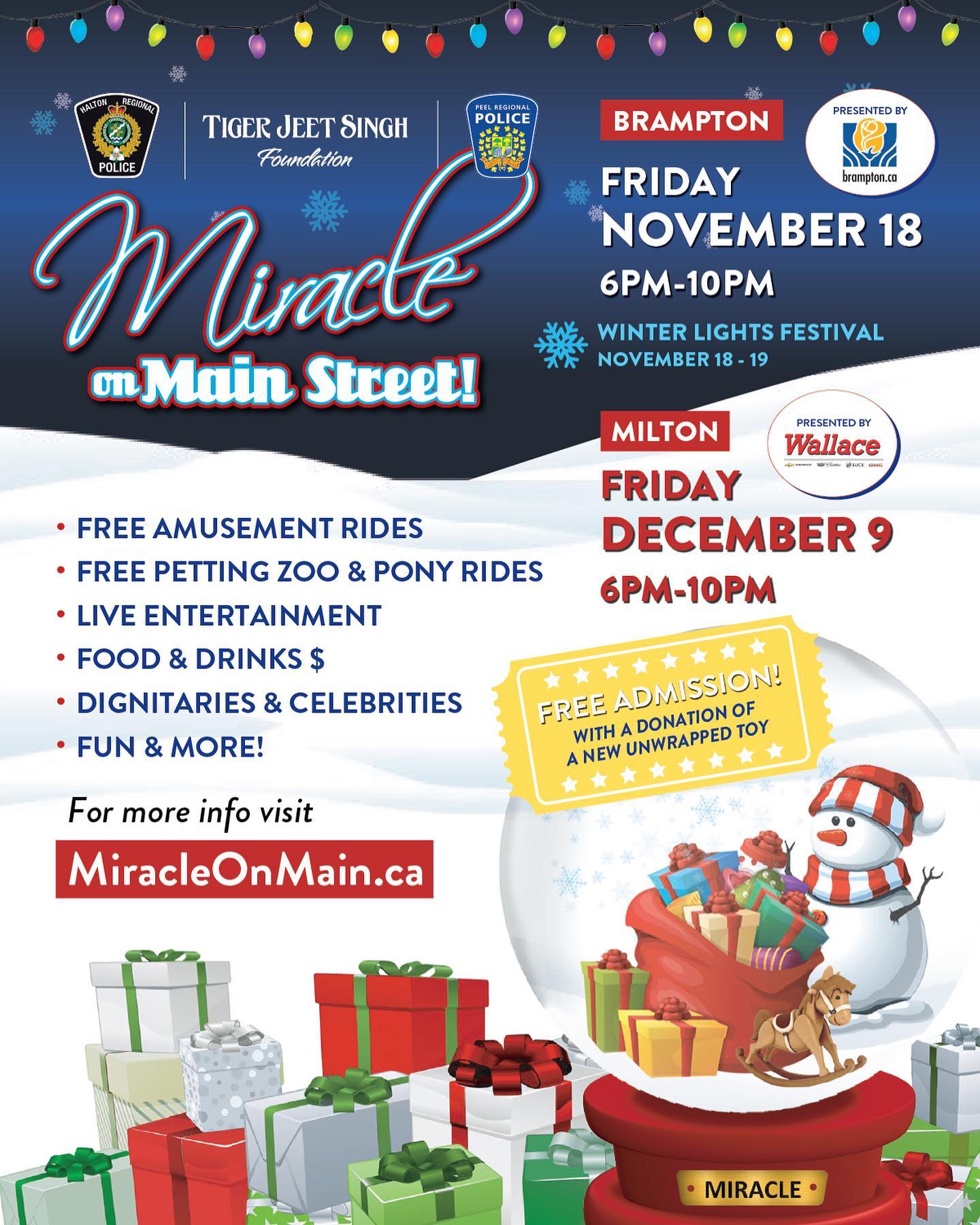 A poster for a miracle on main street event on november 18 and december 9